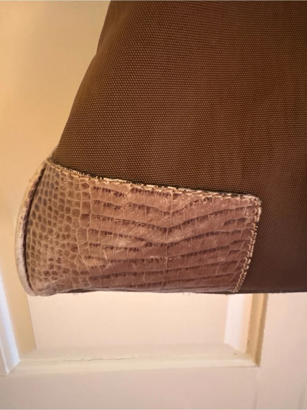 Vintage Adrienne Vittadini Brown Nylon Satchel Faux Croc Leather Duffel/Tote Bag